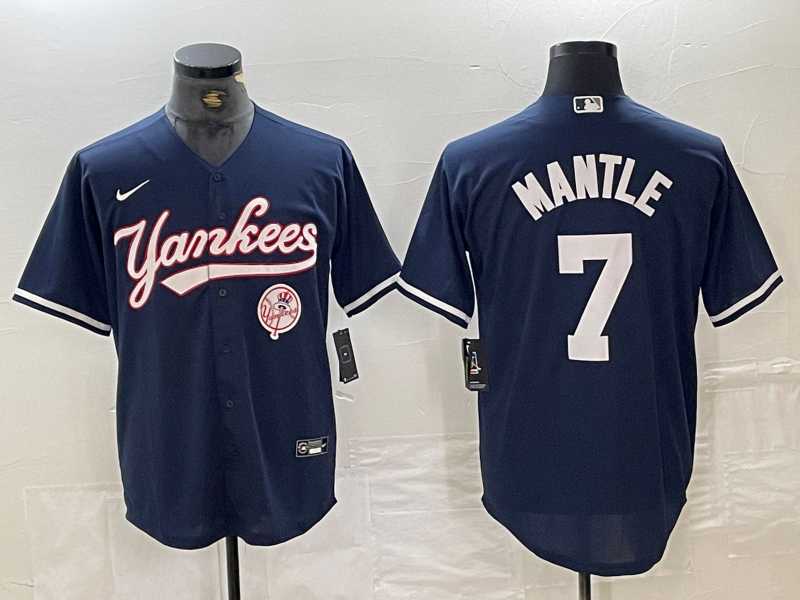 Mens New York Yankees #7 Mickey Mantle Navy With Patch Cool Base Stitched Baseball Jersey